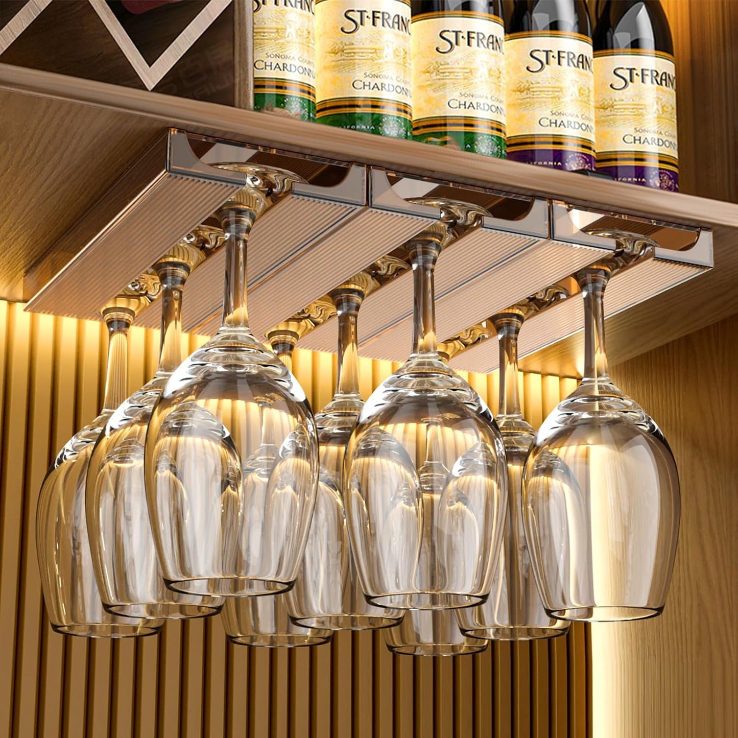 4 Pcs Wine Glass Holder Under Cabinet,Plastic Stemware Rack Punch-free Hanger Under Counter for Bar,Kitchen and Restaurant(Brown)