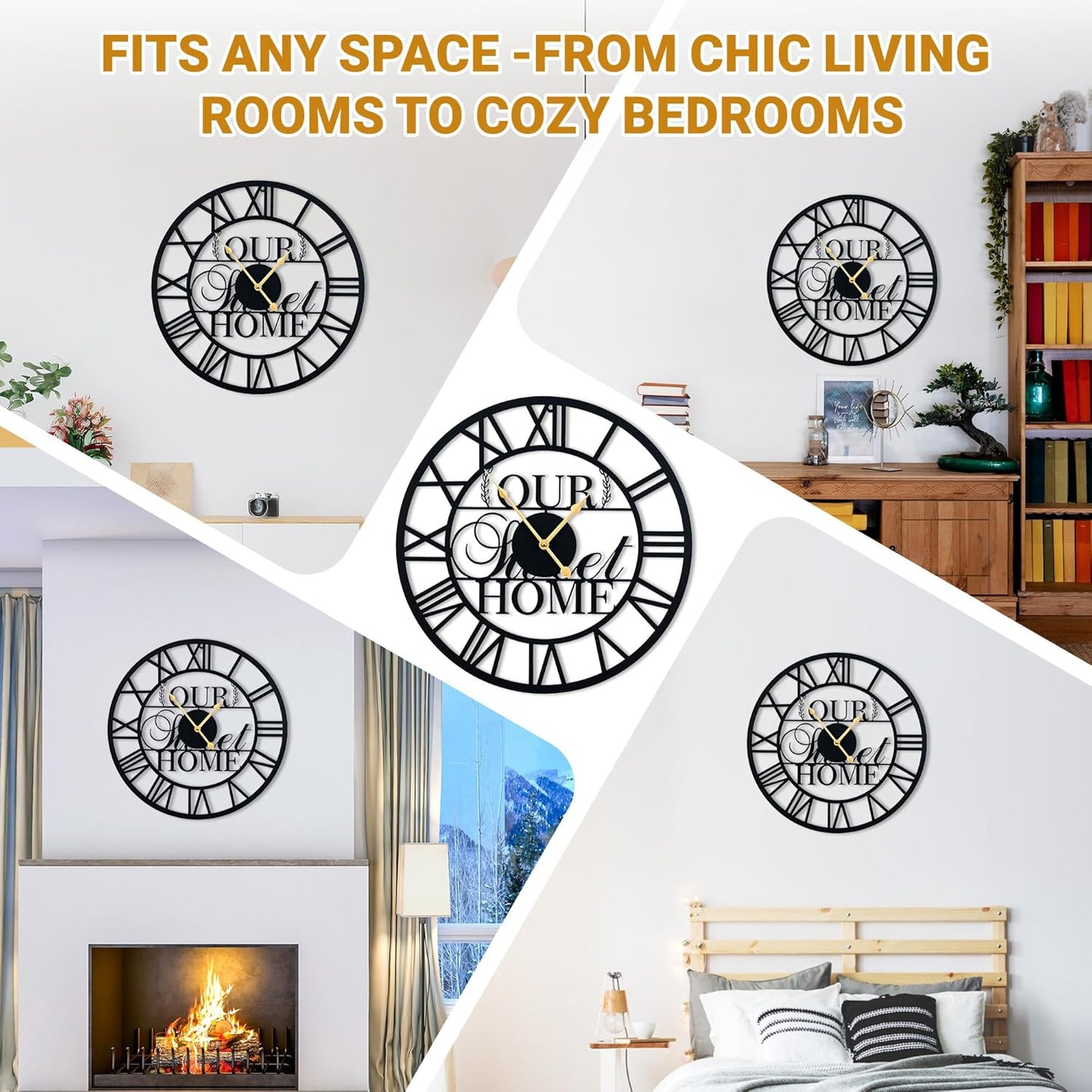 LBC.JzJu24inches/60cm Large Wall Clocks Battery Powered No Ticking Silent Round Black Modern Unique Metal Wall Clocks Suitable Living Room Kitchen Bedroom Fireplace Office Farmhouse。