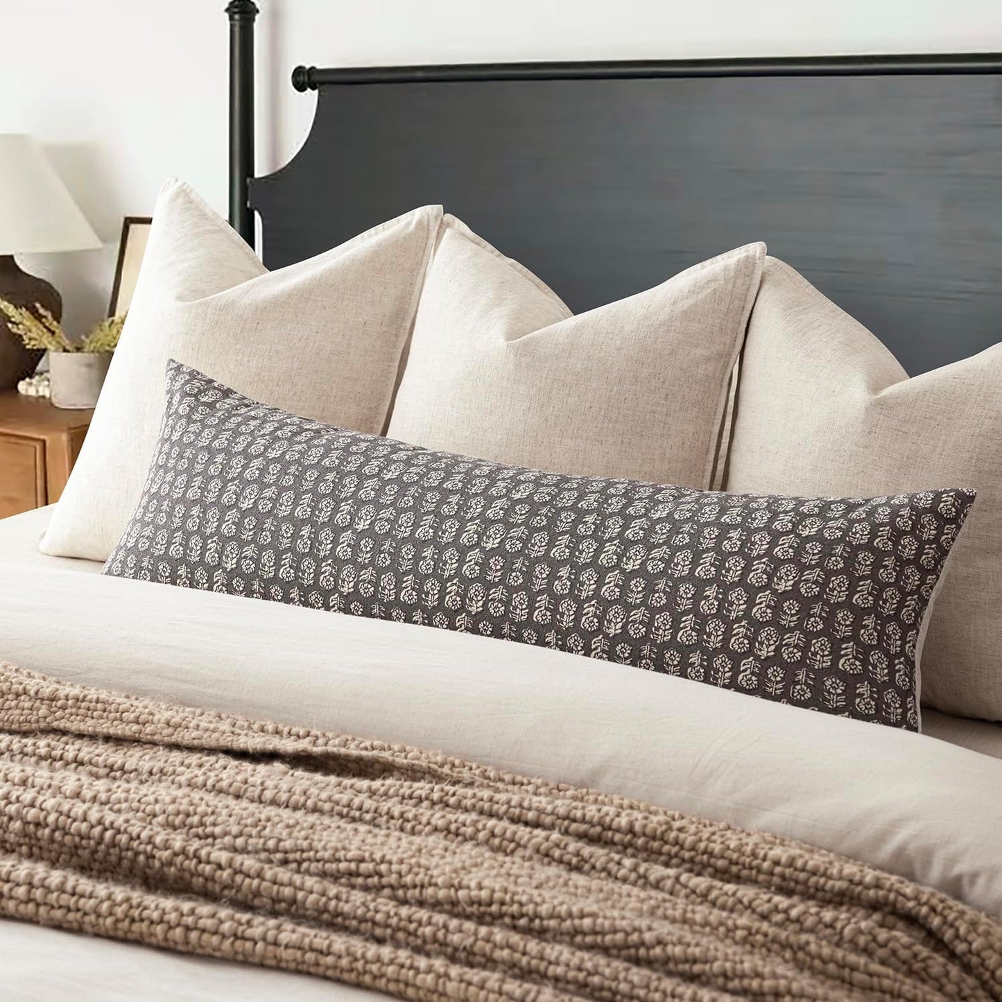 Foindtower Set of 2 Decorative Vintage Long Lumbar Throw Pillow Covers Neutral Modern Farmhouse Cushion Covers Floral Home Decor For Sofa Couch Chair Bedroom Living Room Outdoor,14×36 Inch,Rustic Gray