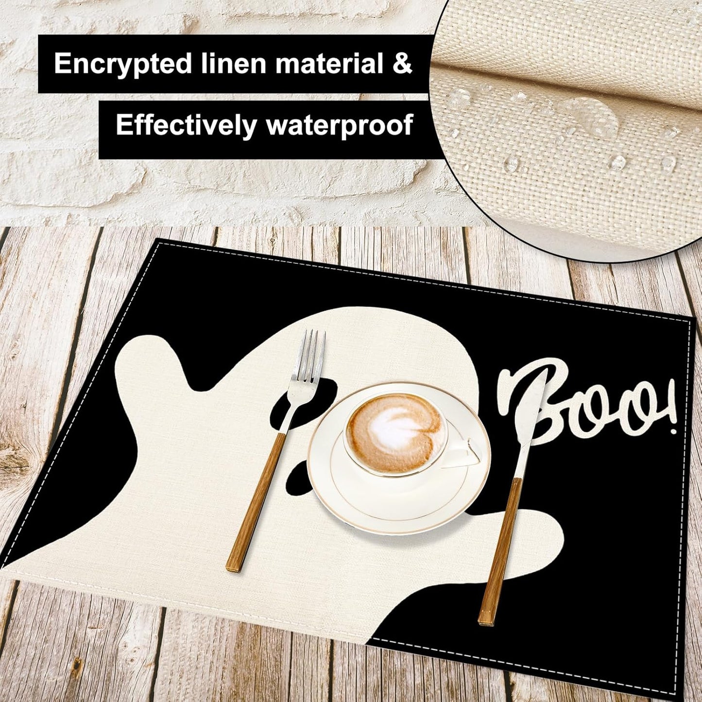 Halloween Ghost Placemats Black Cute Ghost Boo Table Mats 12 x 18 Inch Trick or Treat Kitchen Place Mats for Party Home Dining Table Decoration, Set of 4