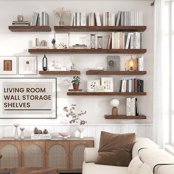 Floating Shelves - 2 Large Wall Mounted Shelves with Invisible Brackets, Long Wood Floating Wall Shelf for Living Room, Bedroom, Kitchen (Brown, 48" W x 9" D x 1.5" H)