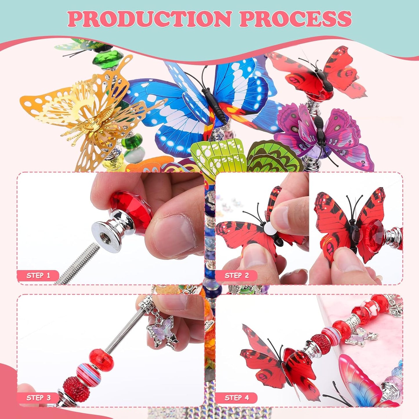 380pcs Beaded Garden Stake, DIY Butterfly Fairy Wand Garden Stake Kit with 10IN Threaded Rod Crystal Stopper Top Large Holes Beads Butterfly Decoration Pendants Outdoor Fairy Garden kit