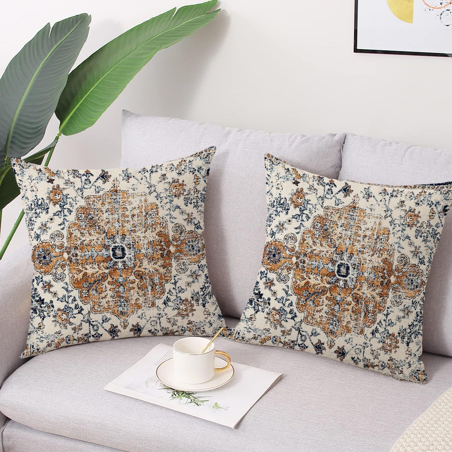 Outdoor Waterproof Pillow Set of 2 - 20x20 Inch Bohemian Vintage Carpet Pattern Pillow Covers - Gold Blue Ethnic Design - Decorative for Couch, Garden, Balcony