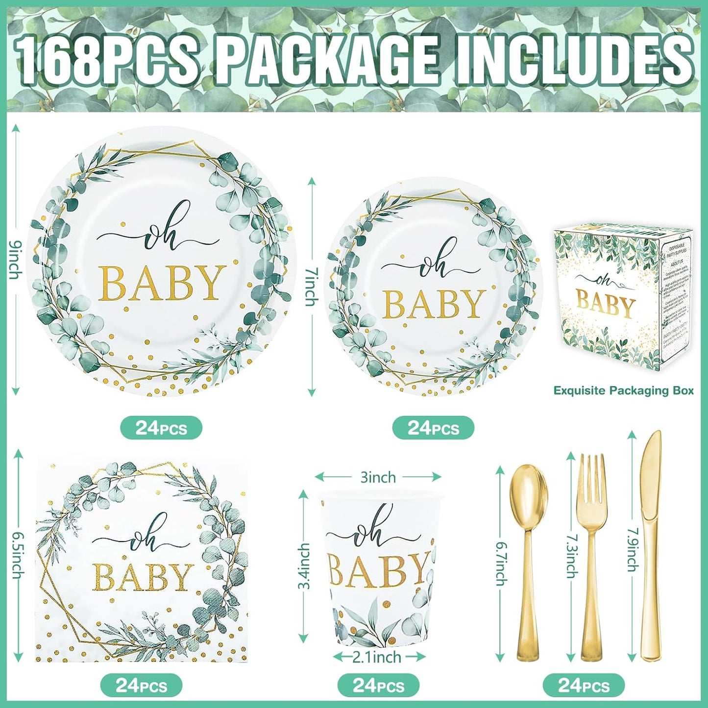 168 PCS Sage Green Baby Shower Decorations Neutral, Baby Shower Plates and Cups and Napkins Sets Serves 24, Oh Baby Plates for Boy, Gender Reveal, Green and Gold Plant Eucalyptus Boho