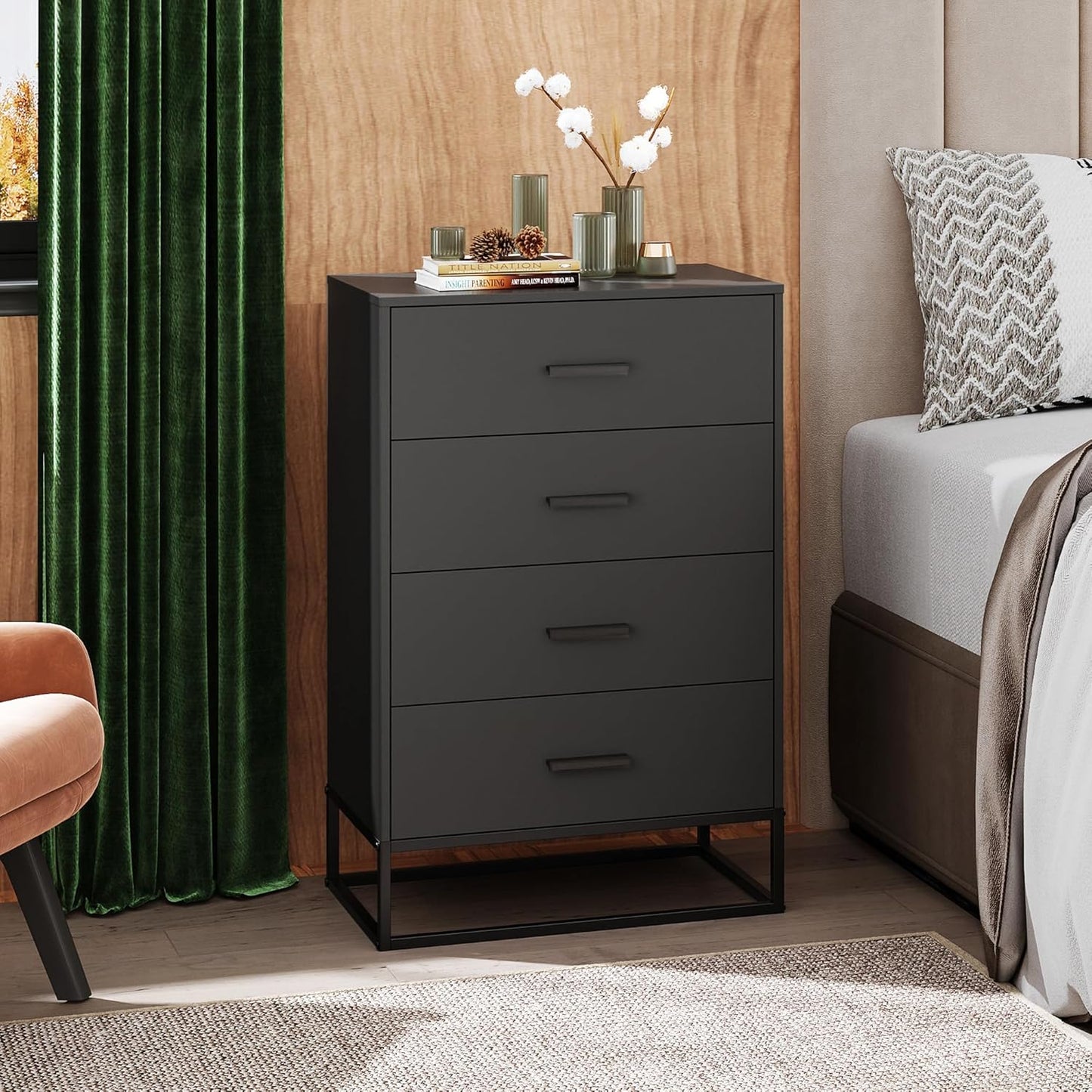WLIVE Black Dresser for Bedroom with 4 Drawers, Tall Wood Dresser with Sturdy Metal Frame, Wooden Chest of Drawers for Hallway, Living Room, Closet
