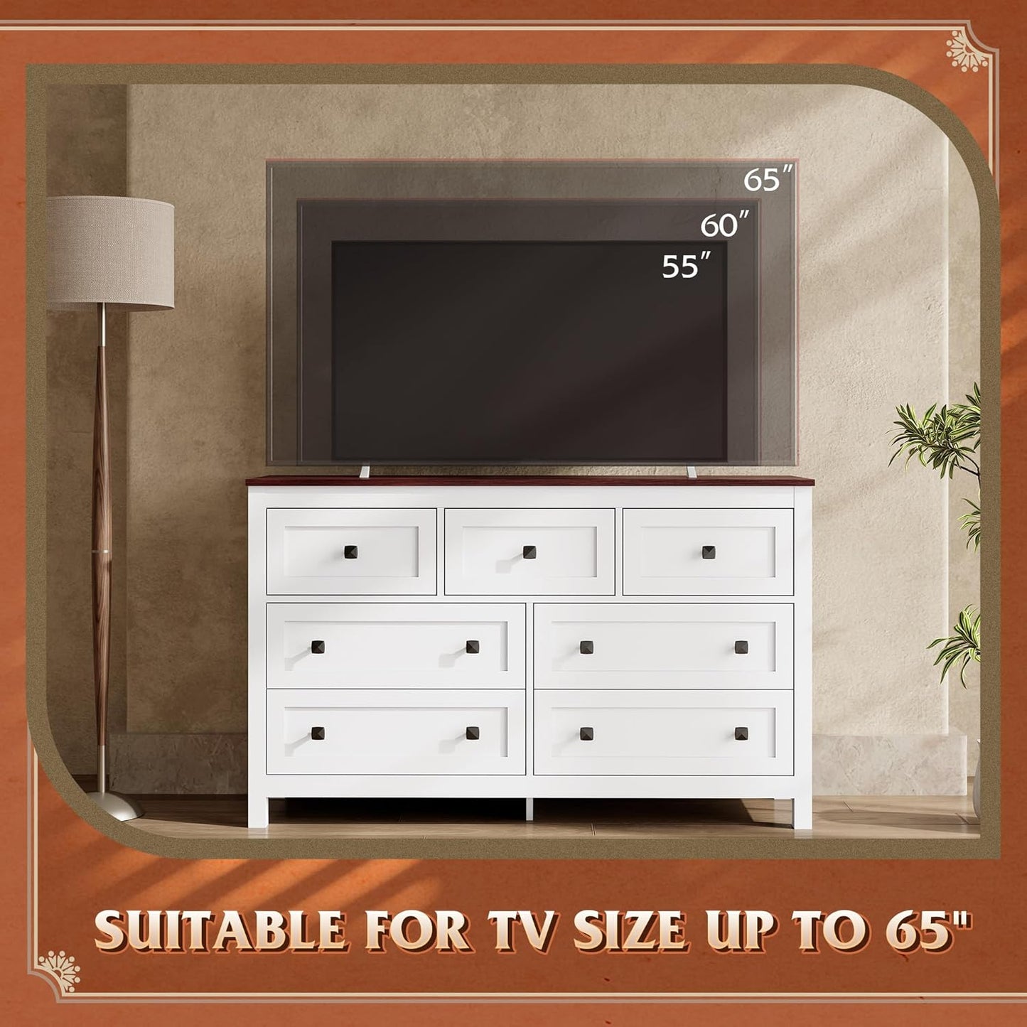 WLIVE Farmhouse Dresser for Bedroom, 51.18'' Wide 7 Drawer Wood Dresser, White TV Stand for 65 inch TV, Wooden Chest of Drawers for Bedroom, Modern Clothes Organizer for Living Room, Hallway