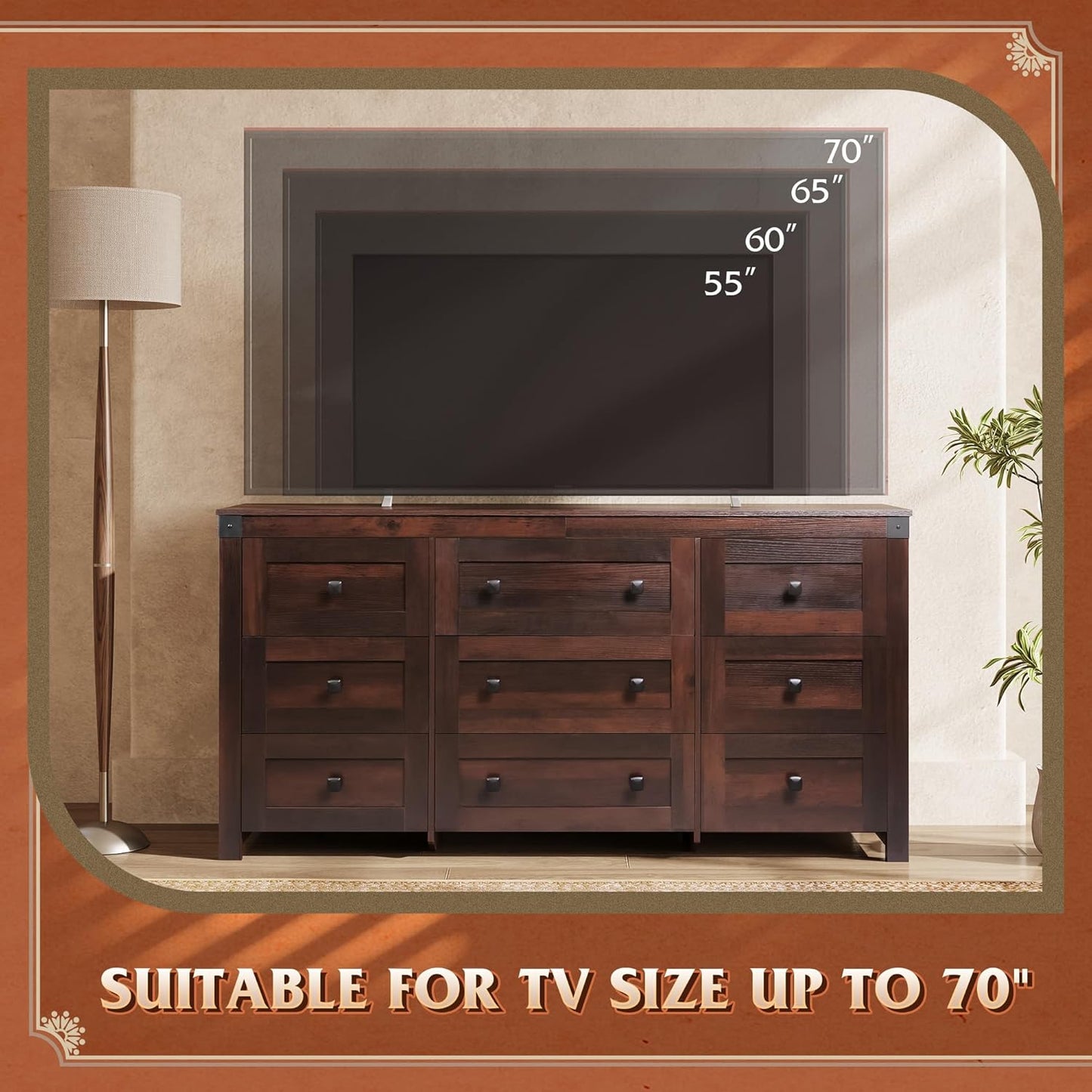 WLIVE Farmhouse Dresser for Bedroom, 63" Wide 9 Drawer Dresser Storage Organizer, Wood Chest of Drawers for Bedroom, TV Stand for 70 inch TV for Living Room, Hallway, Ball Bearing Slide (Brown)