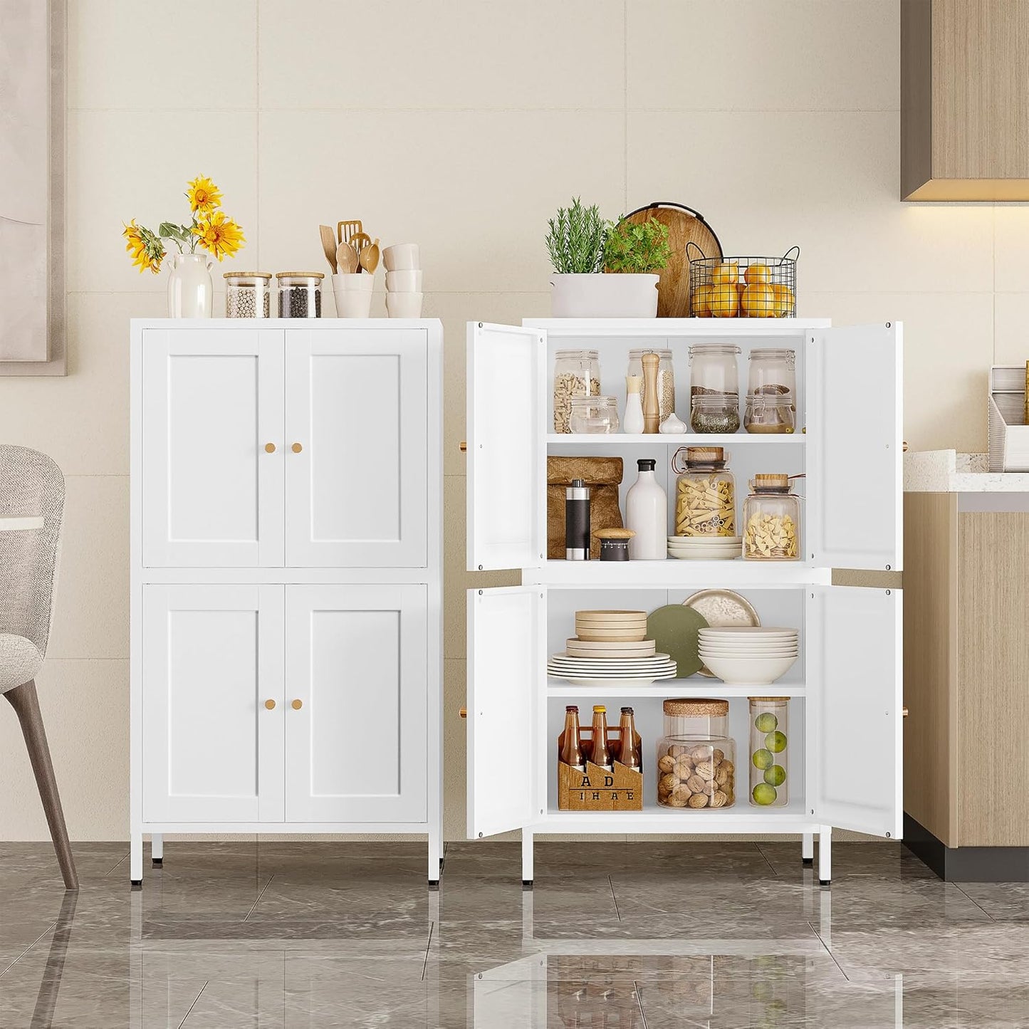 White Storage Cabinet with 4 Doors and 2 Adjustable Shelves,Narrow Food Pantry Cabinet with Leg,24 inch Wide Bathroom Cabinets,Small Metal Storage Cabinets for Home Kitchen,Dining/Living/Laundry/Room