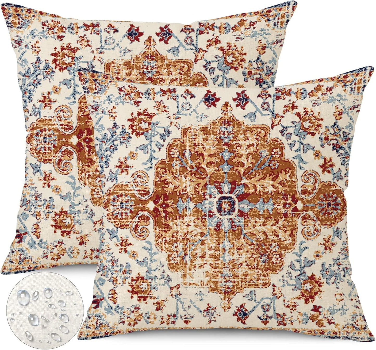 Waterproof Throw Pillow Covers 16X16 Inch Set of 2 Bohemian Vintage Carpet Pattern Brown Blue Ethnic Design Decorative Farmhouse for Couch Garden Balcony (Boho-3-1)