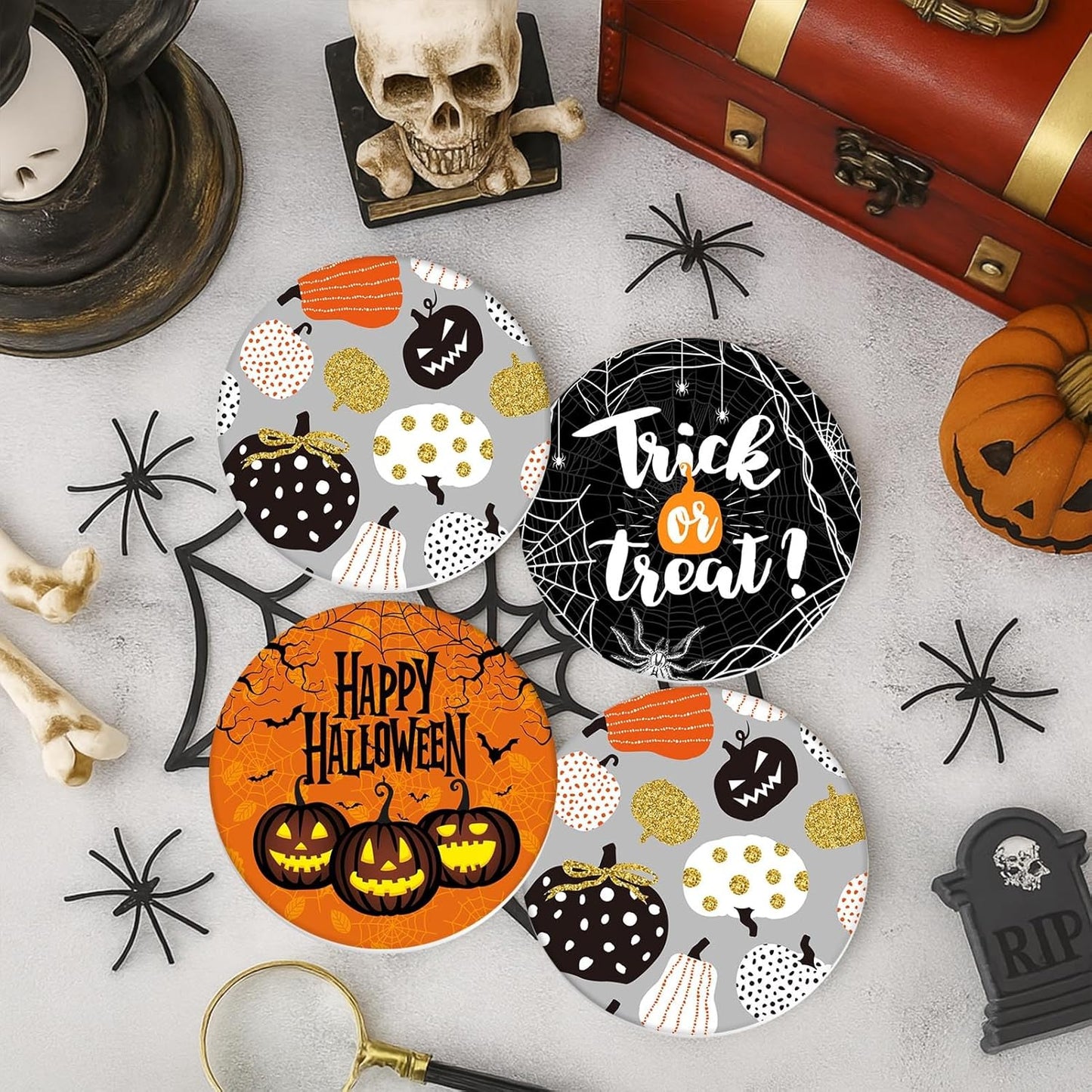 Coaster for Drinks Set of 6, Happy Halloween Trick or Treat Pumpkin Absorbent Round Ceramic Stone Mat, with Cork Base and Metal Holder, Gift for Housewarming Room Bar Decor