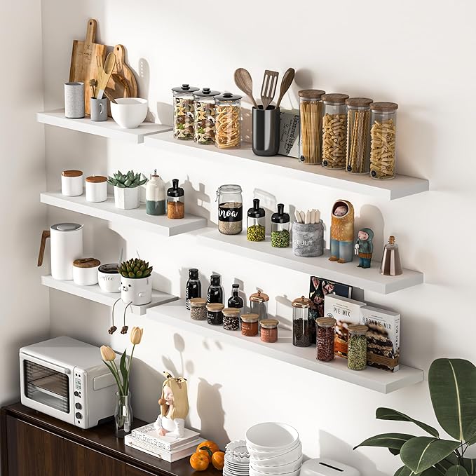 Fun Memories Farmhouse Floating Shelves - 8 Inch Deep Rustic Wood Wall Shelf - Premium Solid Pine Wood Storage Shelf for Kitchen Living Room Bedroom - 30" W x 8" D - Set of 2 - White