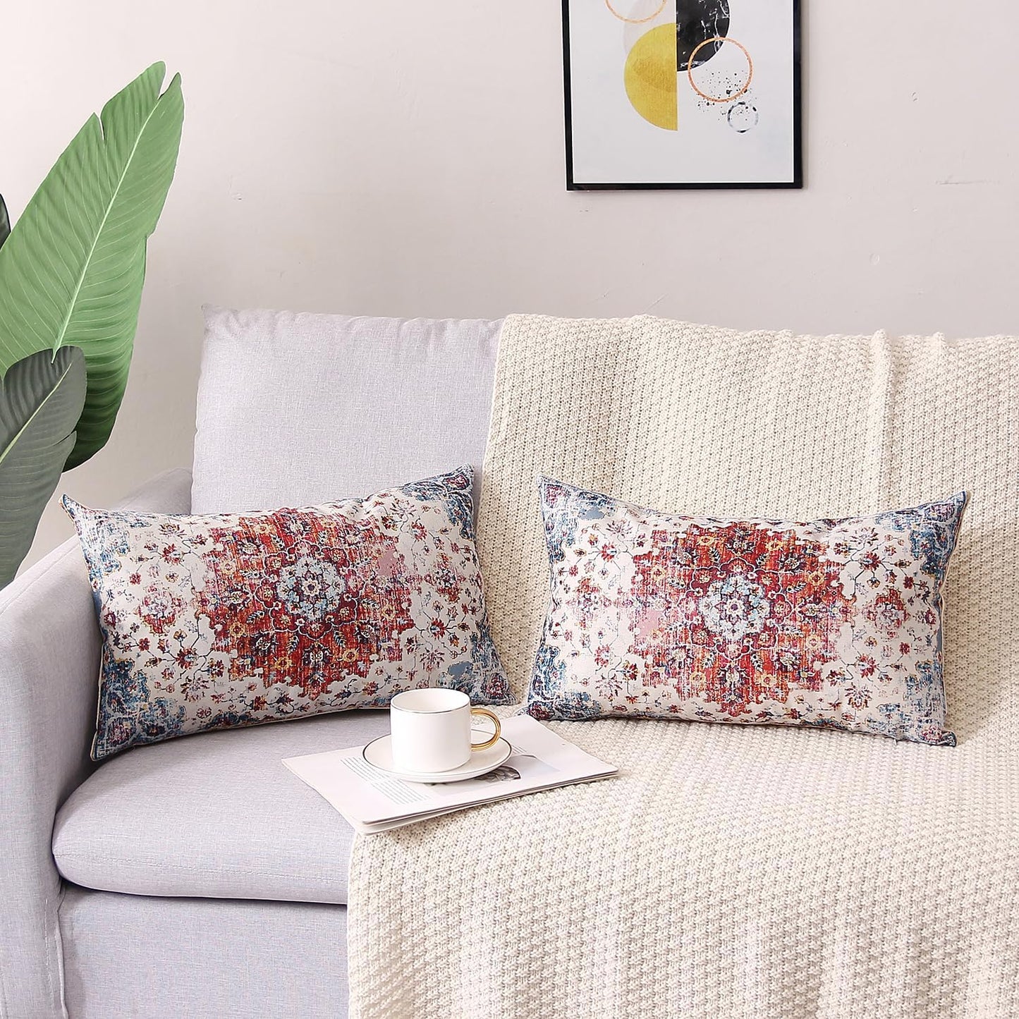 Outdoor Waterproof Pillow Set of 2 - 12 X 20 Inch Blue Orange Bohemian Vintage Carpet Pattern Ethnic Design Decorative Farmhouse Pillow Covers for Couch Garden Balcony