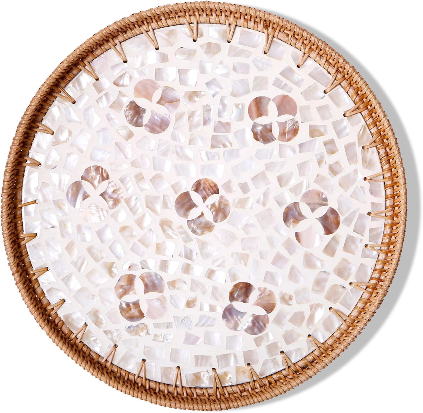 Round Rattan Tray with Mother of Pearl Inlay & Wooden Base - Decorative Wicker Serving Tray for Coffee/Bread/Fruits, Food Storage & Display - Multipurpose Home Decor (L,Four-Petal Flower)
