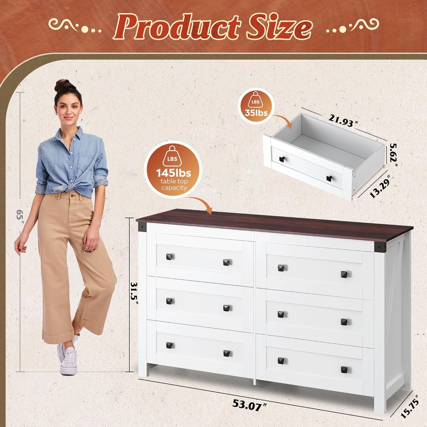 WLIVE Farmhouse 6 Drawer Dresser for Bedroom, 53.07'' Wide Wood Dresser, White Dressers Storage Organizer with Double Rustic Handle, TV Stand for 60 inch TV, Chest of Drawers for Living Room, Hallway