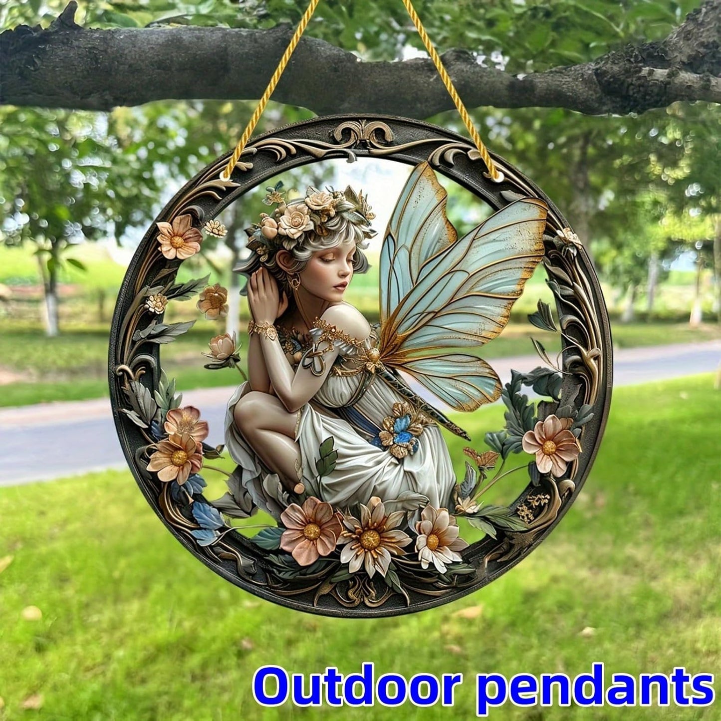 Flower Fairy Garden Decorations Angel Wing Christmas Halloween Deco Statue Art Elf Sculpture Hanging Craft for Outdoor Yard Courtyard Lawn Patio Window Acrylic Ornament Home Gift (A,S: 6*6 IN)