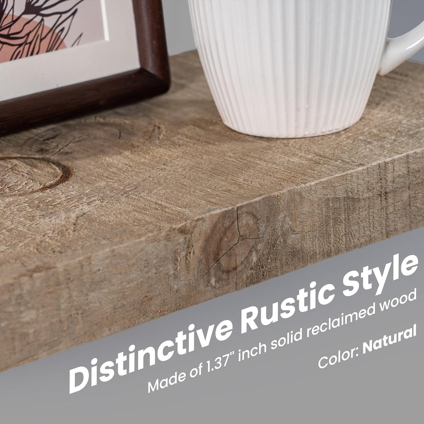 Floating Shelves | 8" Deep Rustic Reclaimed Barnwood Wall Hanging Shelves with Invisible Heavy-Duty Metal Bracket | Wall Mounted | Farmhouse Style | 48 inches, 2 PCs, Distressed Natural