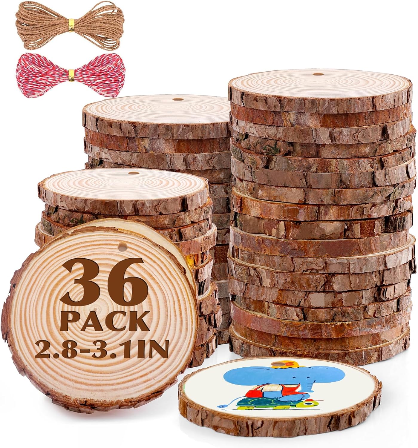 36 Pack Nature Wood Slices for Crafts,2.8-3.1In Unfinished Natural Wood Rounds.Wood Circles Predrilled with Hole and 20m Rope for Wooden Craft Supplies,Painting,Christmas Ornaments,DIY Gifts