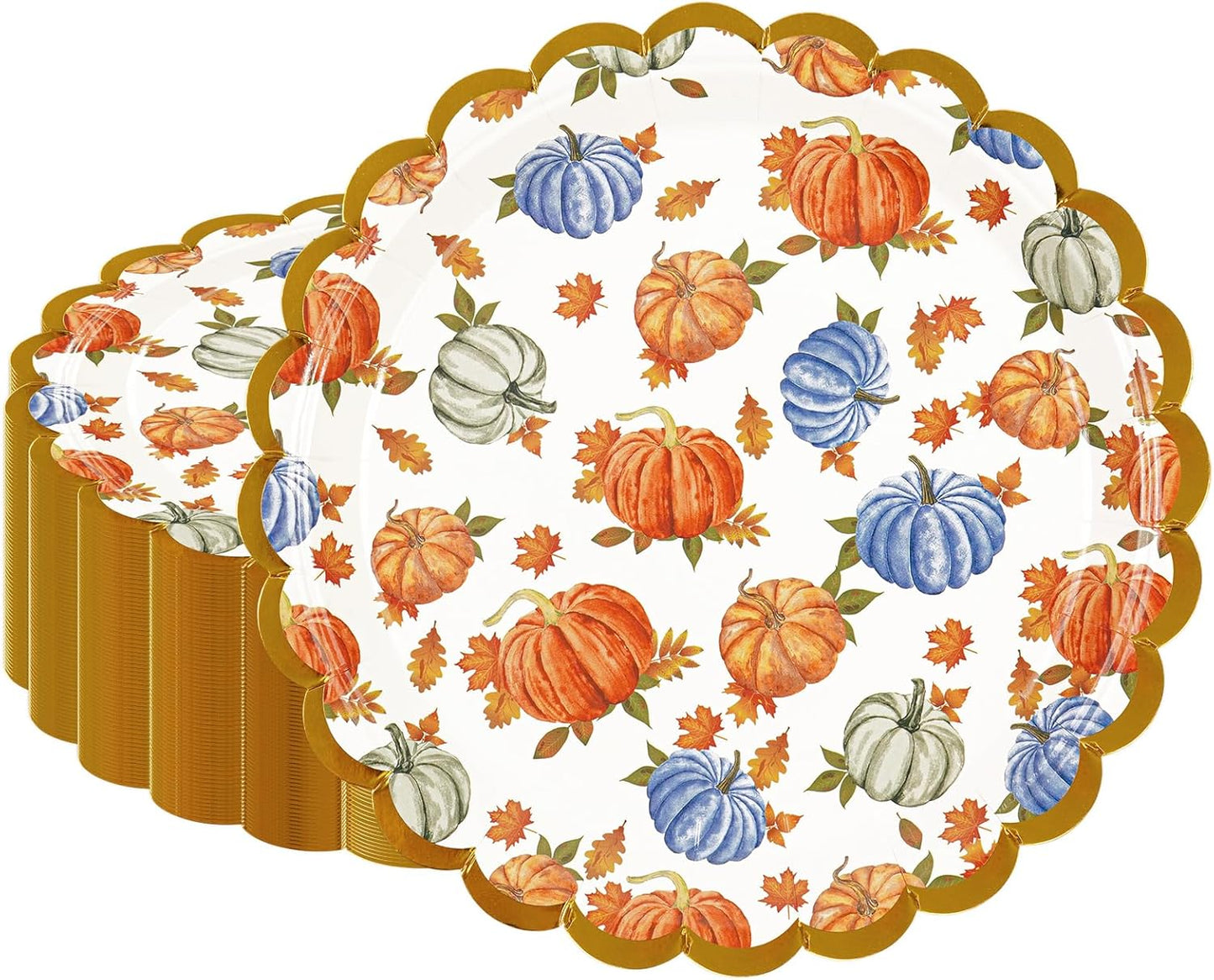 50 Pack Fall Pumpkins Paper Plates, 7inch Thanksgiving Dessert Plates Scalloped Foiled Edge Autumn Leaves Party Supplies for Harvest Friendsgiving Birthday Baby Showers Wedding Decorations