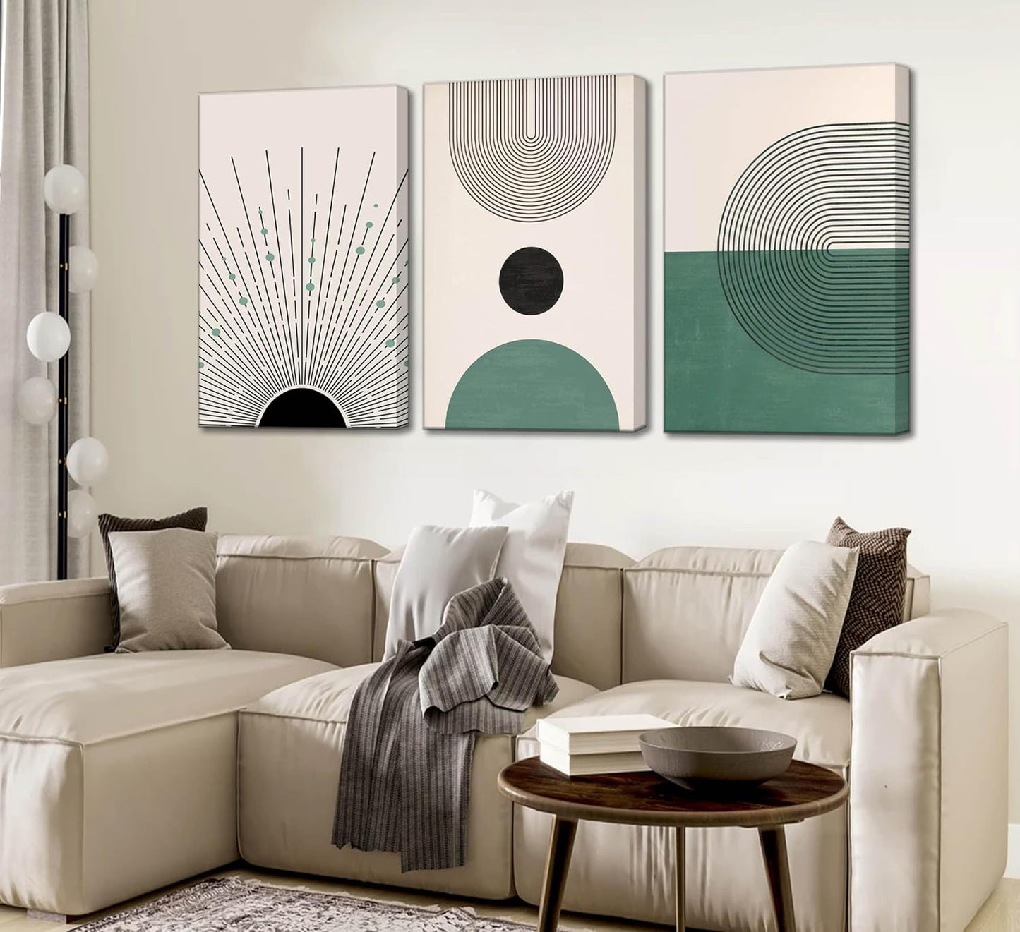 3 Pcs Sage Green Boho Canvas Wall Art Modern Abstract Minimalist Neutral Bohemian Sun Geometric Line Painting Picture Wall Decor Poster Print Artwork for Living Room Bedroom Home Decoration
