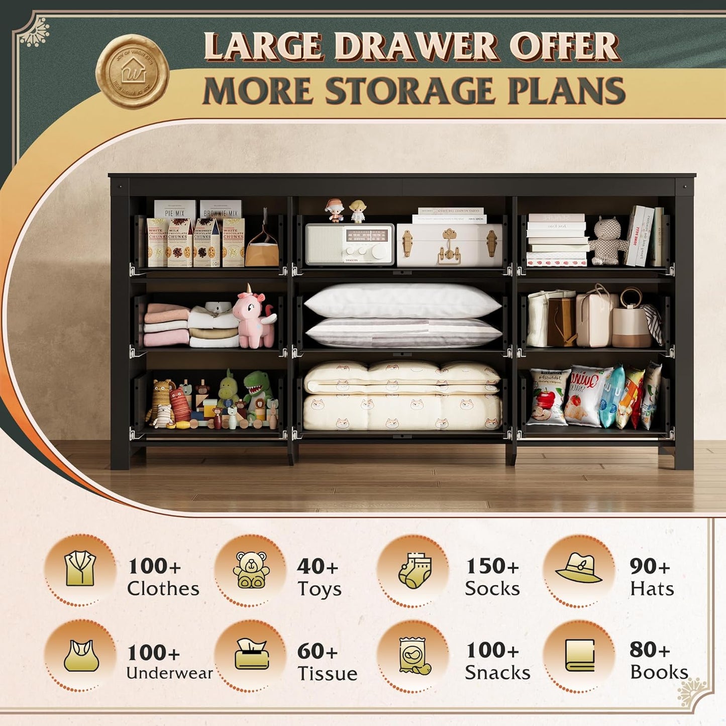 WLIVE Farmhouse Dresser for Bedroom, 63" Wide 9 Drawer Dresser Storage Organizer, Wood Chest of Drawers for Bedroom, TV Stand for 70 inch TV, for Living Room, Hallway, Ball Bearing Slide (Black)