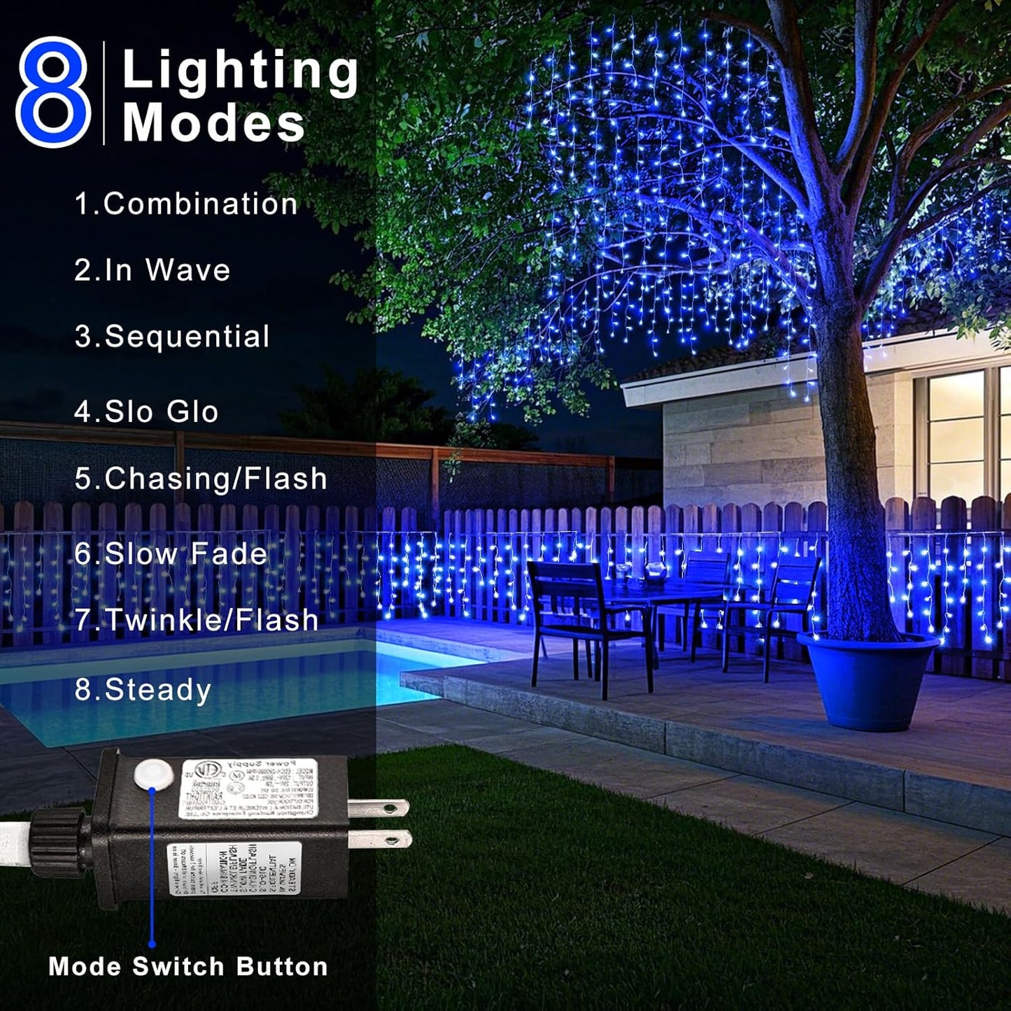 33ft 400LED Icicle Lights for Outside, Blue Christmas Lights for House Patio Yard Porch Backyard Holiday Garden Xmas Exterior Decoration, Waterproof Twinkle Cluster Light Hanging Light All Year