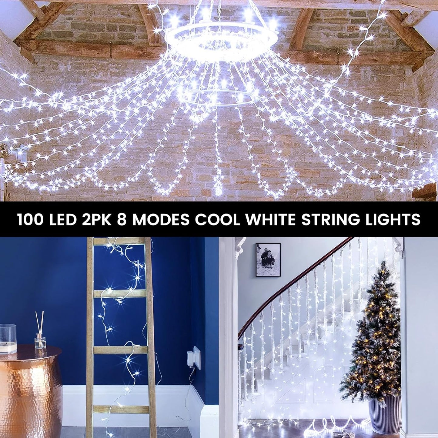2 Pack String Lights Battery Operated with Timer, 66FT 200 LED Waterproof Battery Twinkle Lights, 8 Modes Fairy Light for Indoor & Outdoor Party Bedroom Garland Tree Christmas Decorations (Cool White)