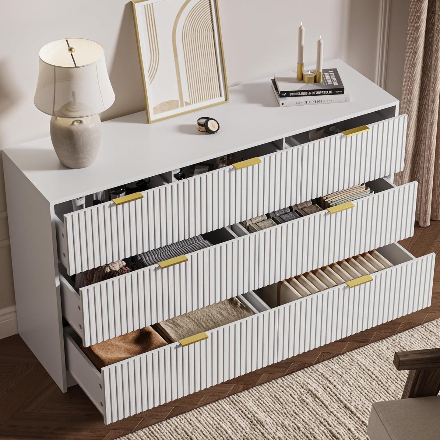 White 7 Drawer Dresser for Bedroom, Modern Fluted Dresser with Gold Metal Handles, Wide Chest of Drawers for Bedroom,Living Room, Entryway, Hallway, 55.9" L x 15.7" D x 31.4" H
