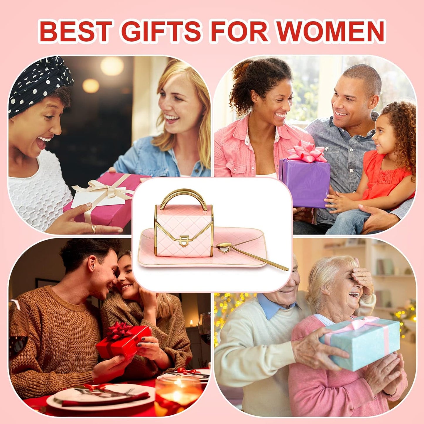 Zubebe 1 Set Coffee Mug Elegant Handbag Shaped Cup Modern Ceramic Purse Mug with Spoon and Saucer, 10oz Cute Creative Tea Cup for Office Home Woman Girls Gift (Pink)