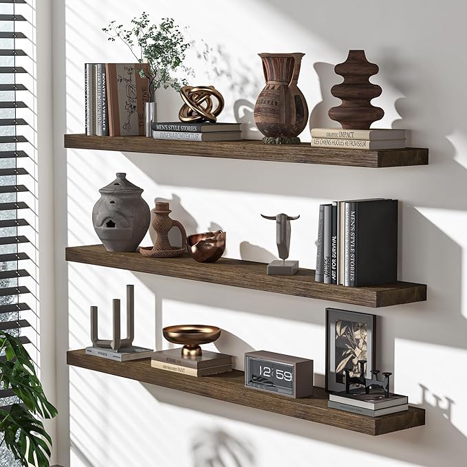 Floating Shelves for Wall, USA-Sourced Fir Wood 36 Inch Wall Shelves Set of 2, Natural Rustic Solid Wooden Floating Shelves Wall Mounted, Nursery Book Storage Shelf, Display Shelf for Bathroom