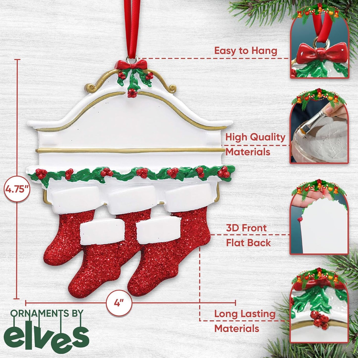 3D White Mantle Family of 5 Christmas Ornament 2025 Personalized Family Christmas Ornaments 2025 | Garland Fireplace Personalized Tree Ornaments Customizable Gifts Red Stockings of Five Ornament