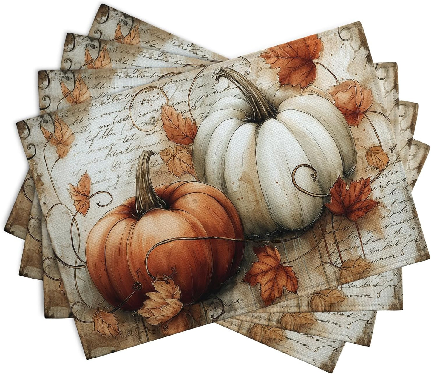 Fall Vintage Pumpkin Leaves Placemats Set of 4 Autumn Thanksgiving Harvest Linen Dinner Place Mats 12x18 Burnt Orange and White Rustic Farmhouse Decorative Kitchen Table Mats