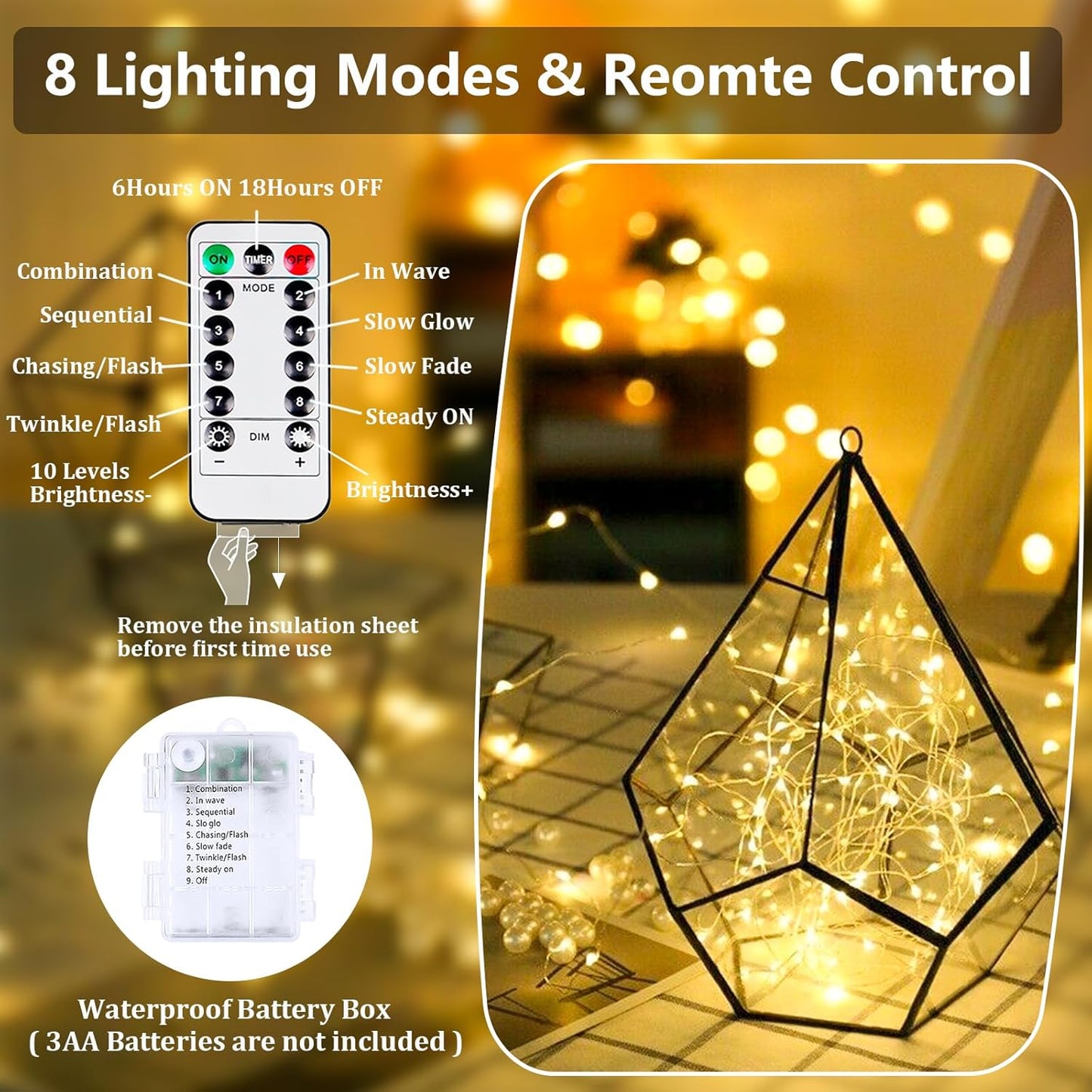 2-Pack Fairy Lights Battery Operated with Remote, Waterproof 66FT 200 LED Battery String Lights Outdoor Indoor, 8 Modes Twinkle Lights with Timer for Bedroom Wedding DIY Christmas Decor (Warm White)