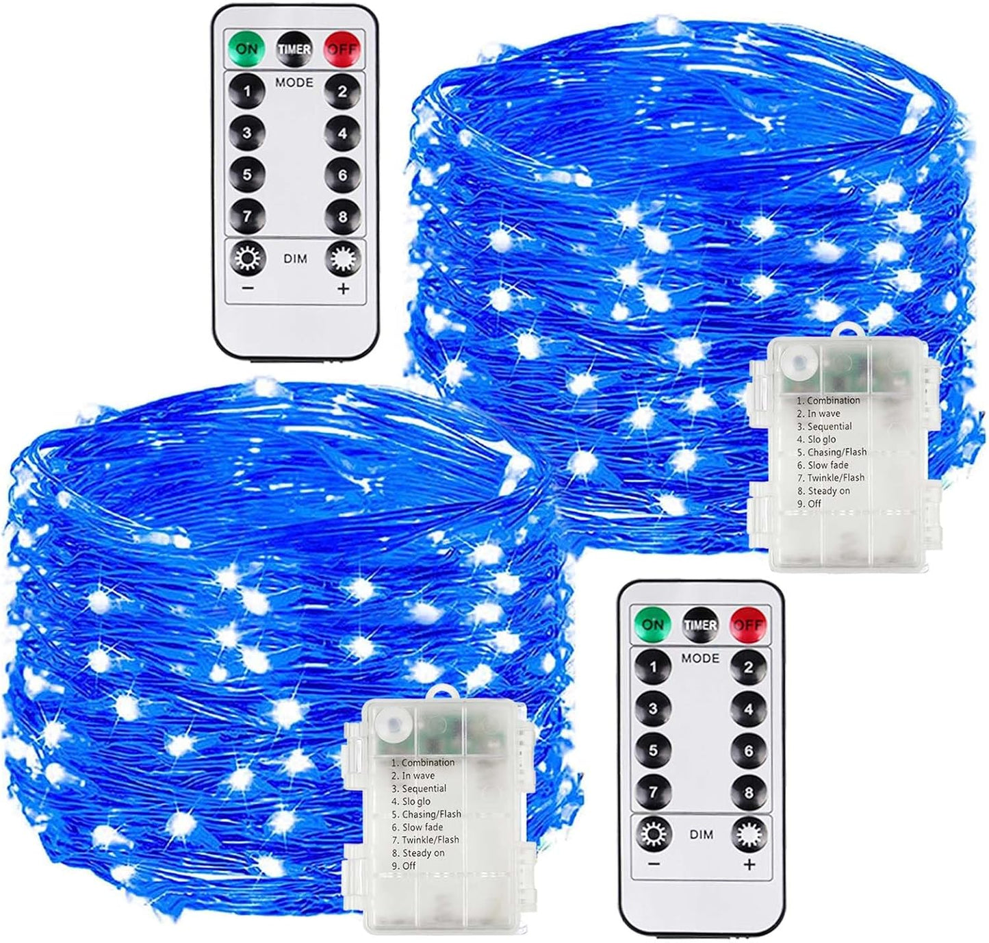 2 Pack Each 33Ft 100LED Battery Operated Fairy Lights with Remote, Waterproof Battery Christmas Twinkle Light with Timer, String Lights for Bedroom Christmas Decorations (Blue)