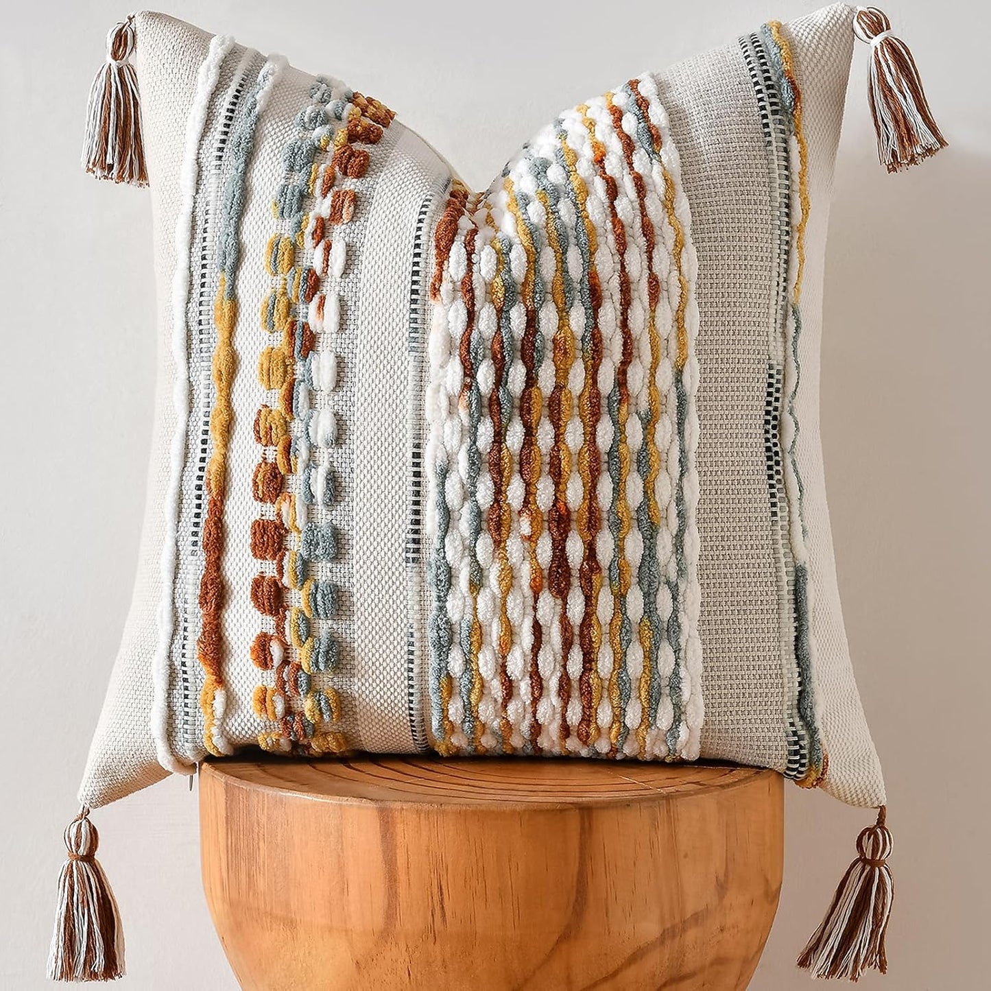 AmHoo Chenille Striped Textured Boho Throw Pillow Covers Aesthetic with Tassels Woven Decorative Pillow Case for Couch Bed Sofa Bedroom Modern Funky 18 x 18-Inch Brown