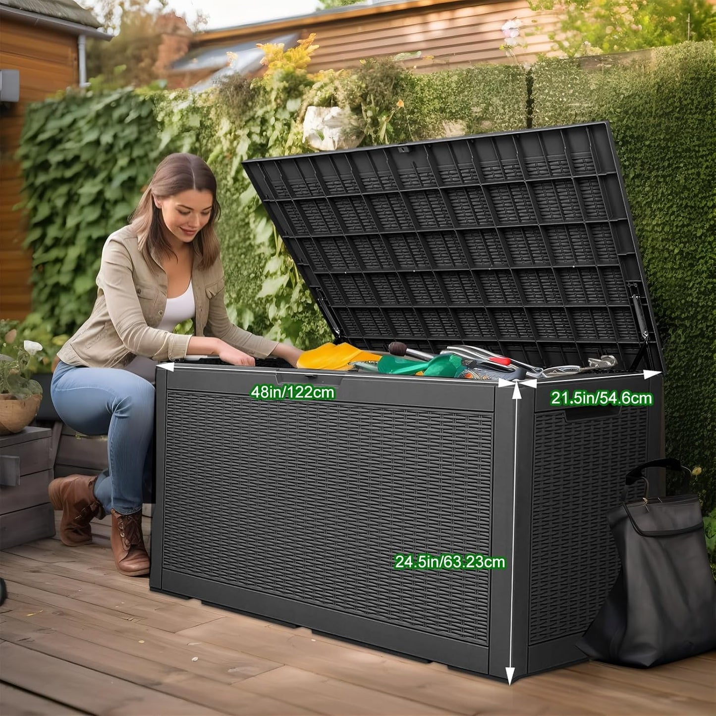 100 Gallon Outdoor Storage Box,Waterproof Lockable Resin Deck Box,Storage Container with Reinforced Support for Patio Cushions, Furniture Supplies, Garden Tools, UV-Resistant Outdoor Chest (Black)