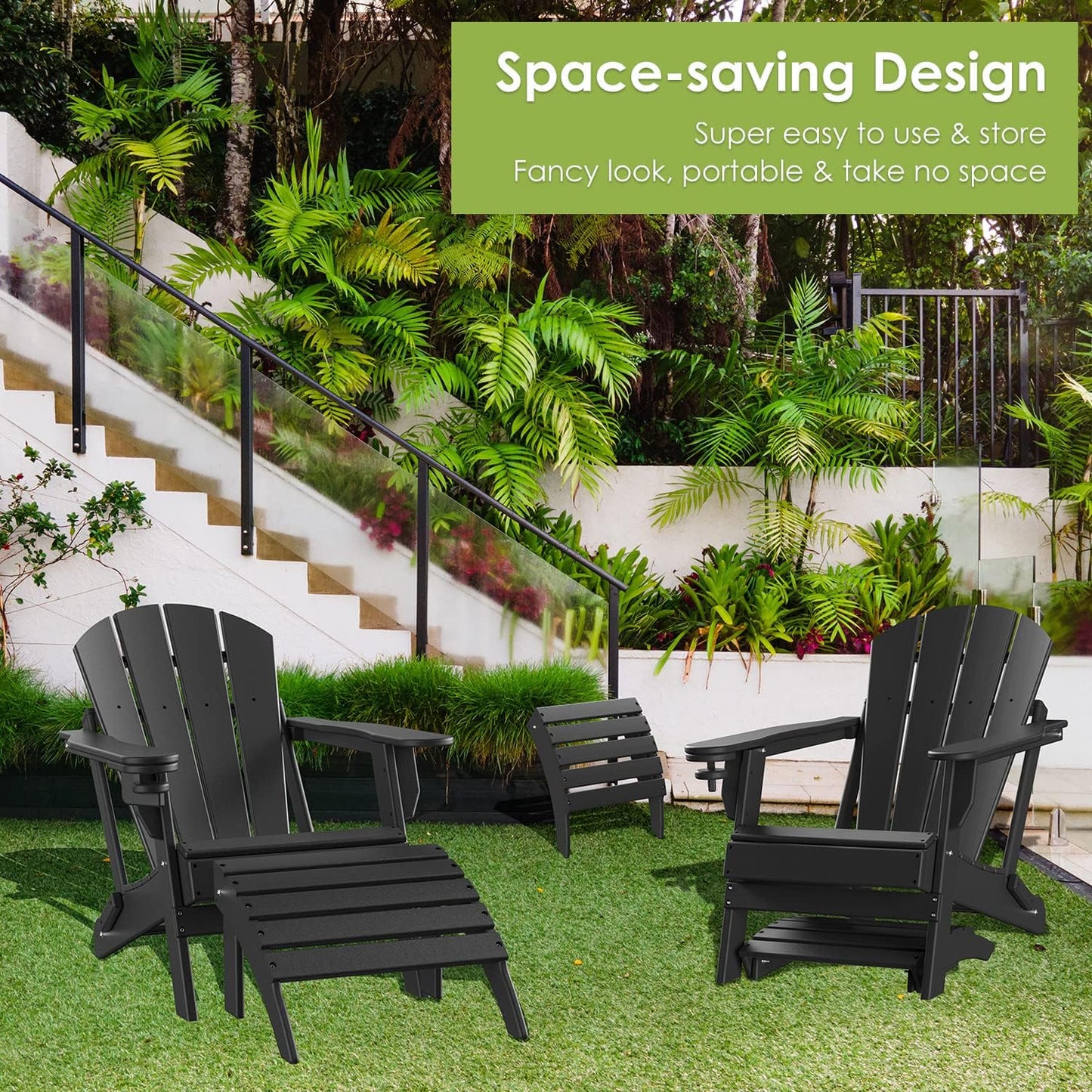 GREENVINES Adirondack-Ottoman | Set of 4 | HDPE Plastic | Outdoor Footrest | All Weather | Foot Rest | Foot Stool | Black | for Adirondack Chair | for Patio Backyard Pool