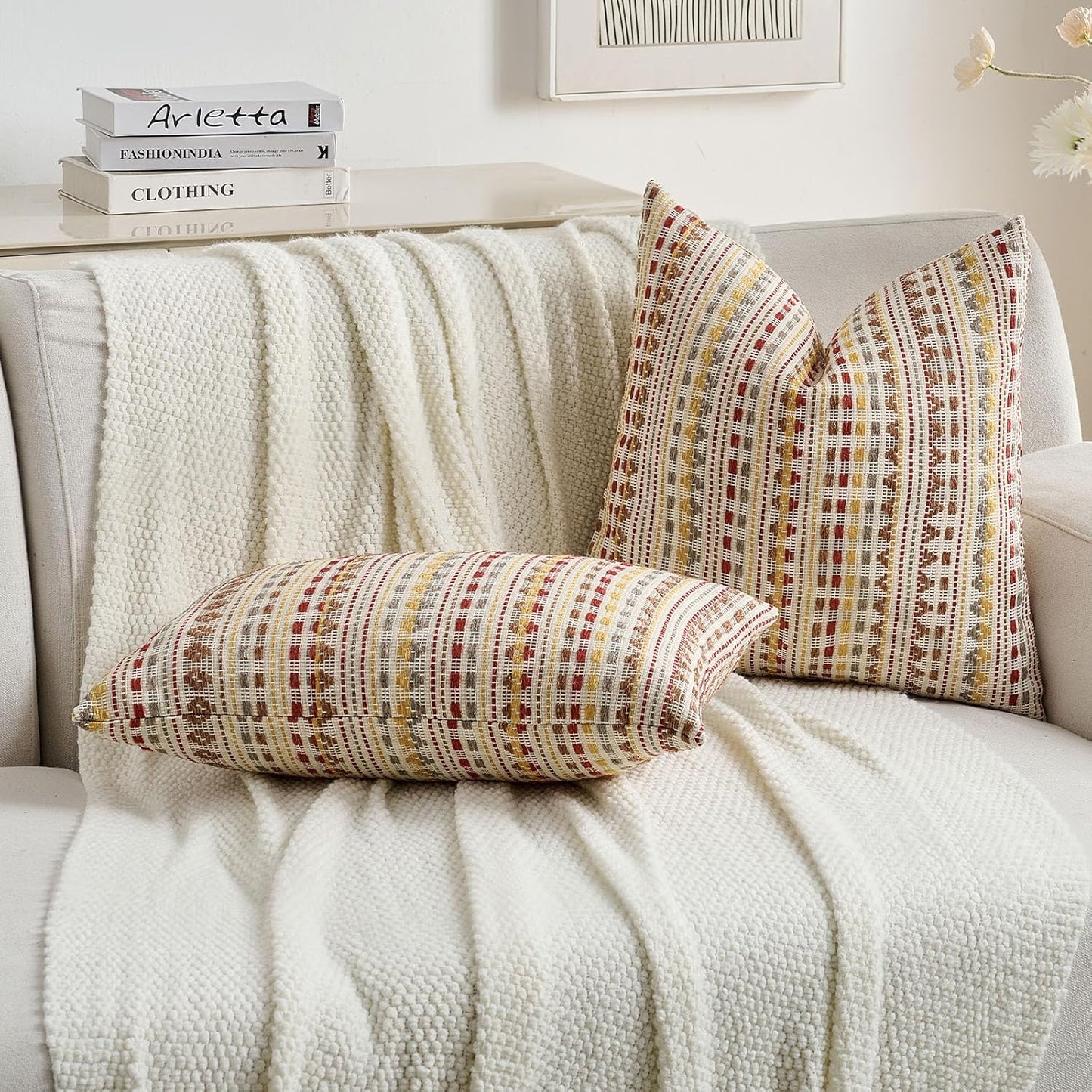 FUTEI Brown Red Decorative Throw Pillow Covers 12x20 Inch Set of 2,Soft Cozy Chenille Jacquard Textured Pillow Case,Boho Home Decor for Couch Bed Living Room