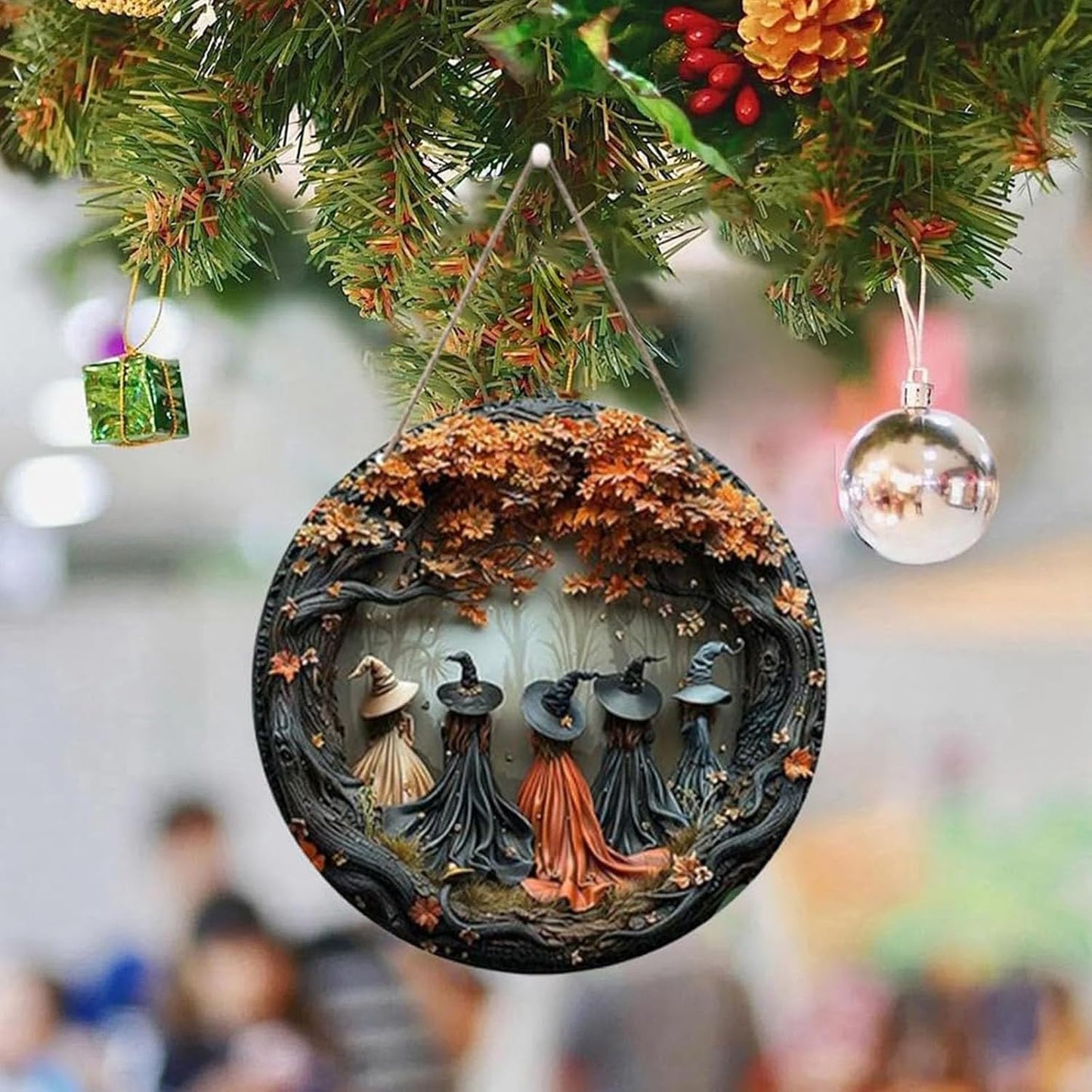 Fanyil/Olygee/Sherum/Shirem/Pubyfun/Glosrity/Libilin/Graddi/Solymody/Gowebs/Goredny/Vianys Witching Hour, Door Way Hanging Decor Halloween, 2D Wooden Round Witches Sign (A, ‎7.87")