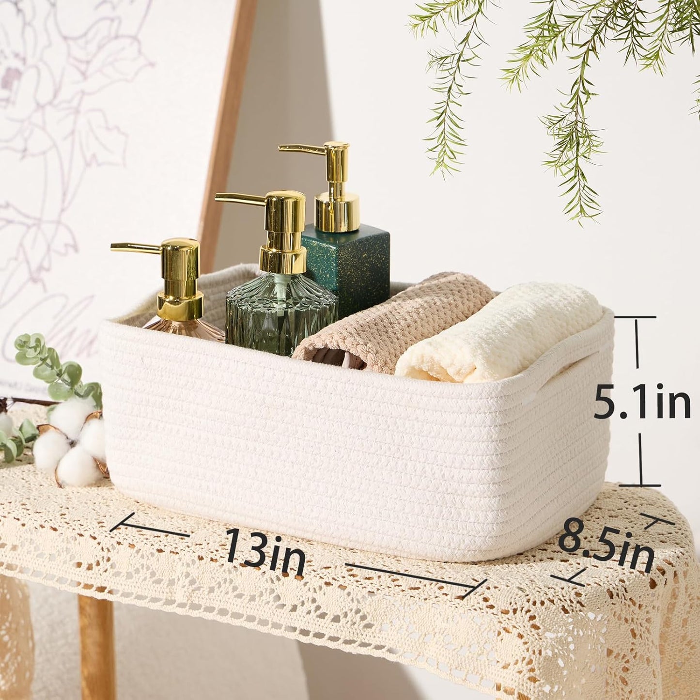 Small Storage Baskets for Organizing | Closet Organizer Bins | Shelf Toy Basket | Woven Rope Baskets | Cube Decorative Box | Shallow Basket | 13x8.5x5.1” | 3 Packs Off White