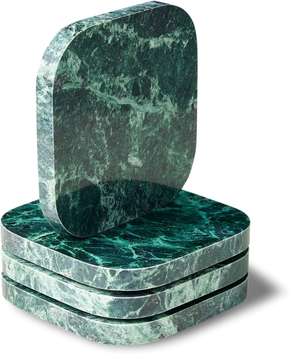 𝐈𝐭𝐚𝐥𝐢𝐚𝐧 Green Marble Coasters – Set of 4 – Square Modern Bar Coasters for Drinks, Coffee –Stone Holder for Home Décor, Housewarming Gifts (Dark Green)