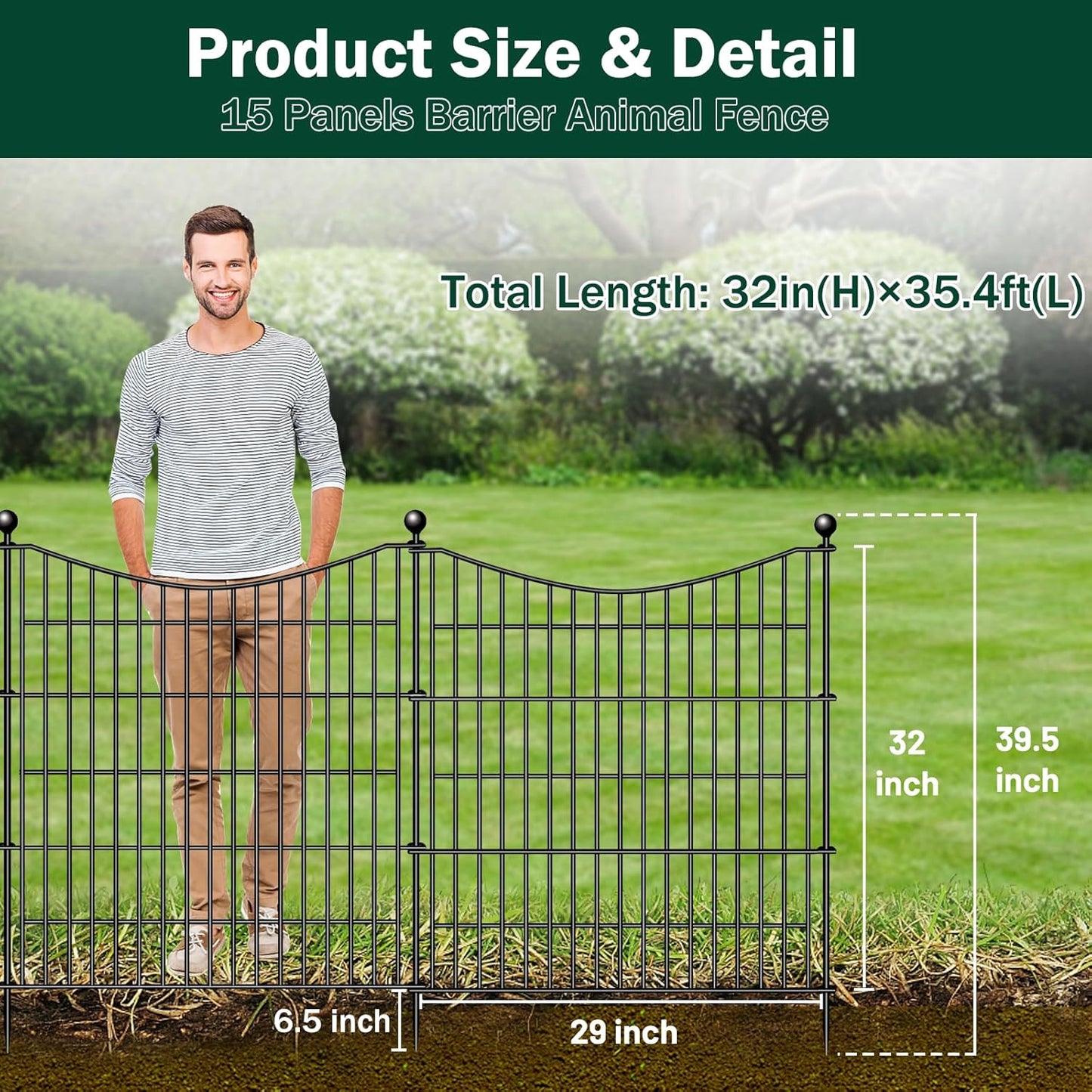 15 Panels Decorative Garden Fence with Gate, 32 in(H) X 35.4 ft(L) No Dig Dog Fence Animal Barrier Outdoor for Yard, Rustproof Metal Garden Edging and Borders, Temporary Fencing Stakes