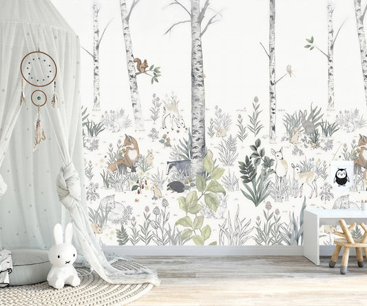 -Nursery Cartoon Woods Hand-Painted Animal Wallpaper Children's Room XT10 M 140" x 91"