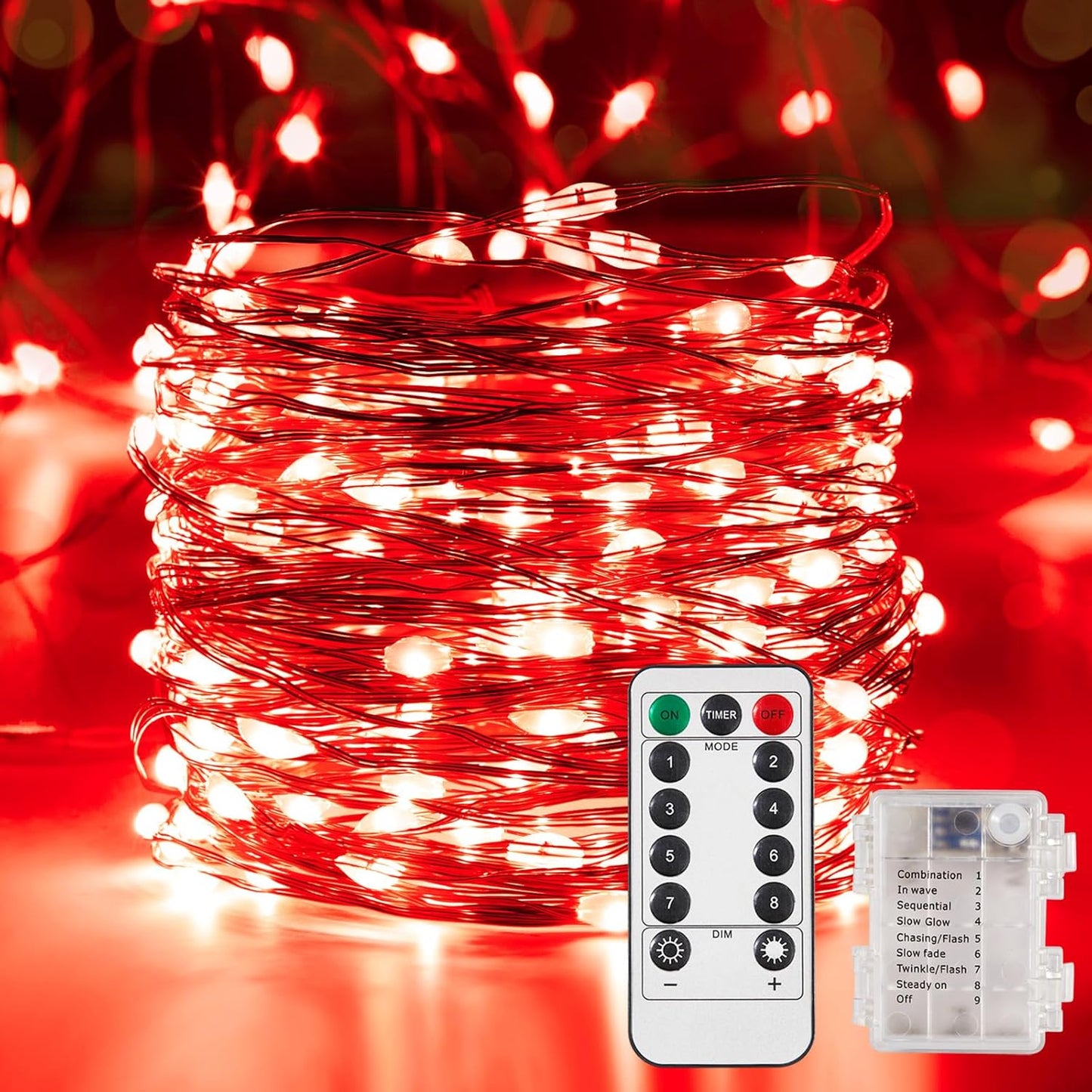 2 Pack 32.8 Ft. Battery Operated Outdoor String Lights with Remote & Timer, LED Red Fairy Lights, Waterproof Twinkle Lights for Bedroom, Dorm, Mason Jar, Wedding, Party, Christmas