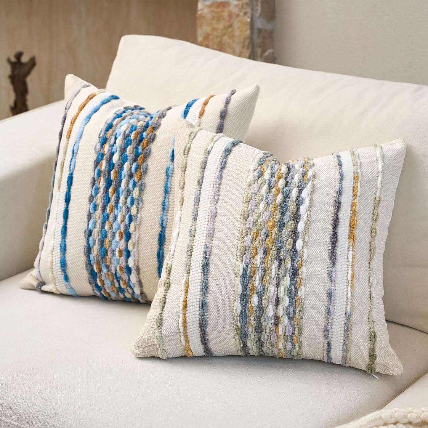 Aeckself Boho Pillow Covers 18x18 Inch Set of 2, Farmhouse Decorative Striped Square Chenille Tufted Accent Neutral Throw Pillow Covers for Living Room Couch Bed, Gray Blue