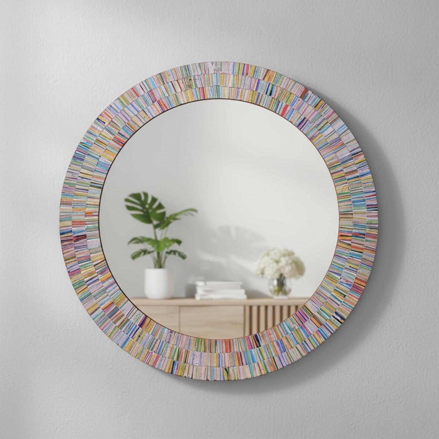 Bohemian Rainbow Wall Mirror -Glass Mosaic Mirror Decorative Wall Mirror, Multi Color Spectrum Wall Mountable, 24" Multi-Color Round Framed Mirror
