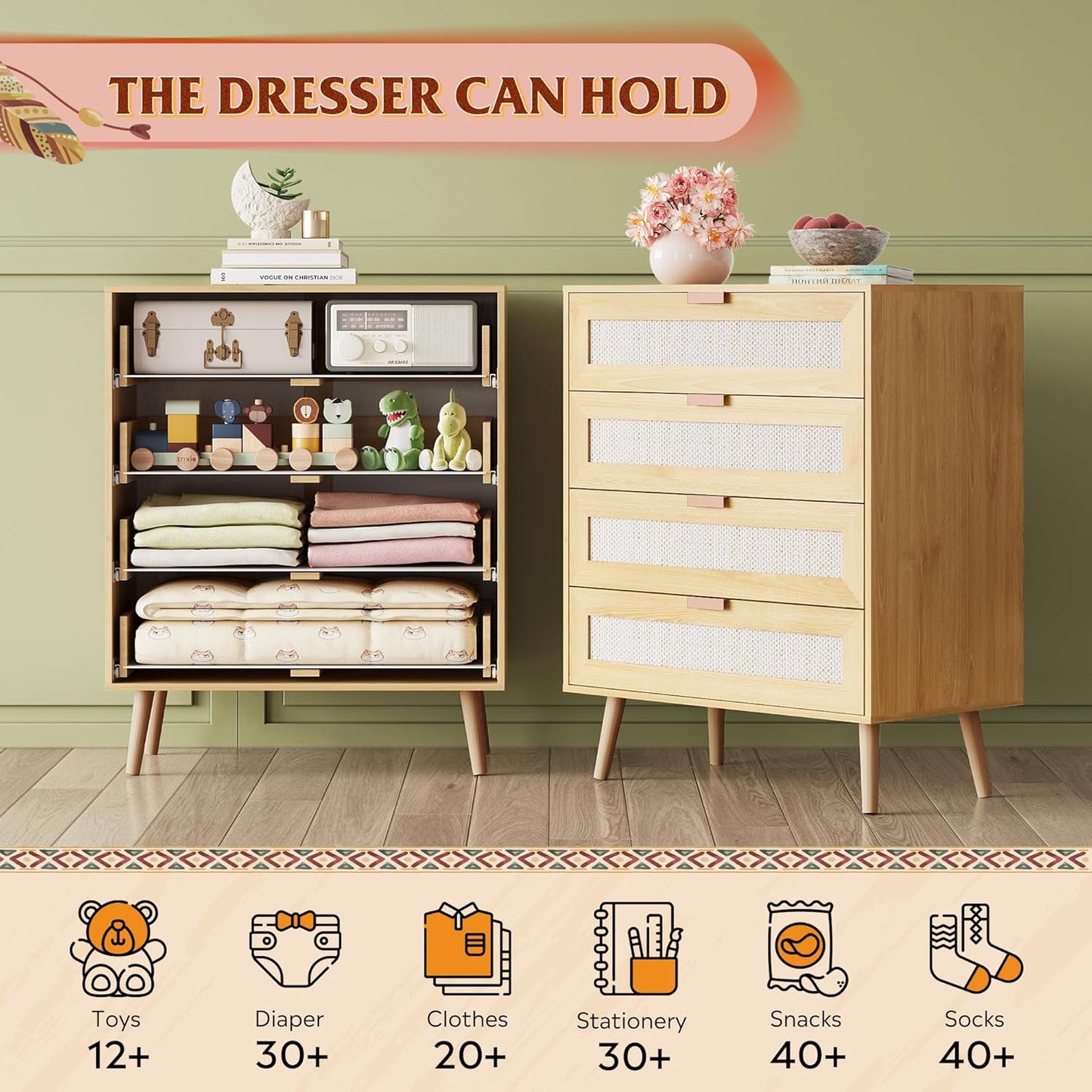 WLIVE Rattan Dresser for Bedroom, 4 Drawer Wood Boho Dresser Storage with Gold Metal Handle, Chest of Drawers for Living Room, Closet, Hallway, Light Oak