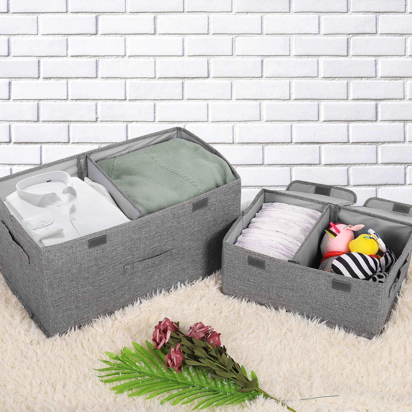 2 Pack Storage Boxes with Lids and Handles, Collapsible Linen Storage Bins Organizer Containers Baskets Cube with Removable Divider for Home Bedroom Closet Office (Grey, Small)