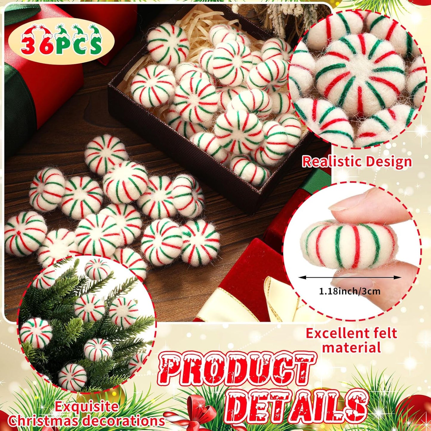 36 Pcs Felt Peppermint Decoration Christmas Wool Peppermints Christmas Arts Crafts Supplies, DIY Garland for Tree Home Vase Filler Decoration(Green)