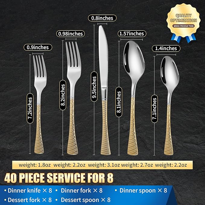 Hammered Silver Gold Silverware Set for 8,Stainless Steel 40-Piece Modern Cutlery Set,Mirror Polished Heavy Duty Flatware Set Utensil Set,Knives Spoons and Forks Set,Dishwasher Safe