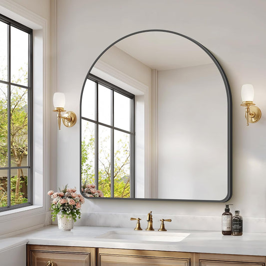 Arched Bathroom Mirror, 36"x40" Black Arched Mirror for Bathroom, Wall Mounted Mirror, Black Vanity Wall Mirror w/Metal Frame for Bedroom, Entryway, Living Room, Vertically Hanging